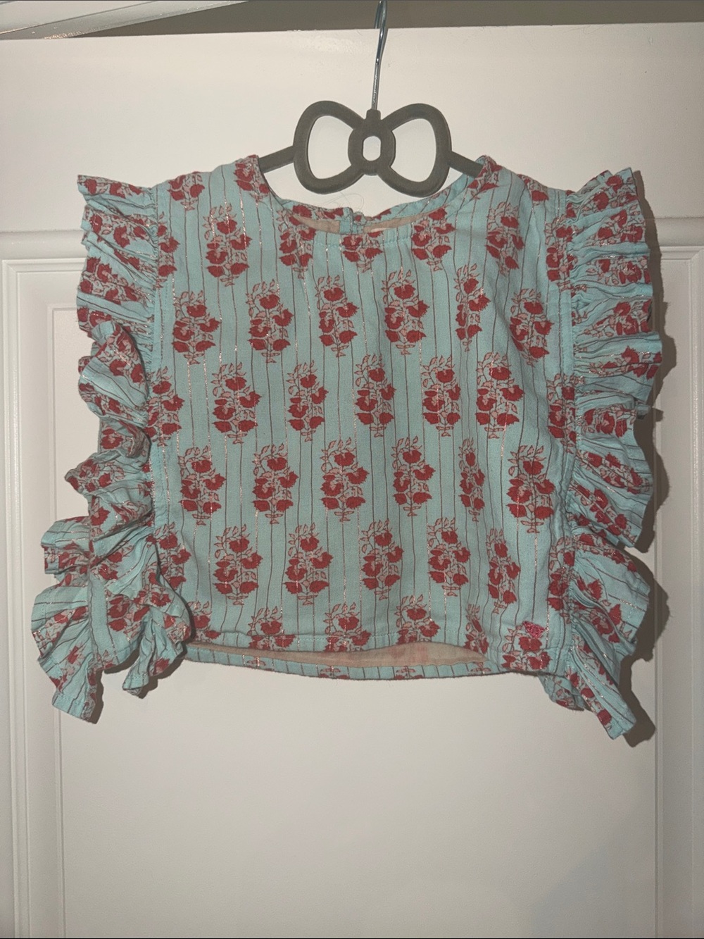 Pink Chicken Blue Floral Ruffle Crop Top with Red Roses - Picture 2 of 4
